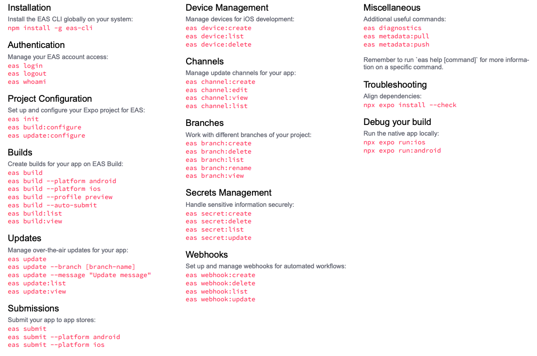 Expo Application Service Cheat Sheet